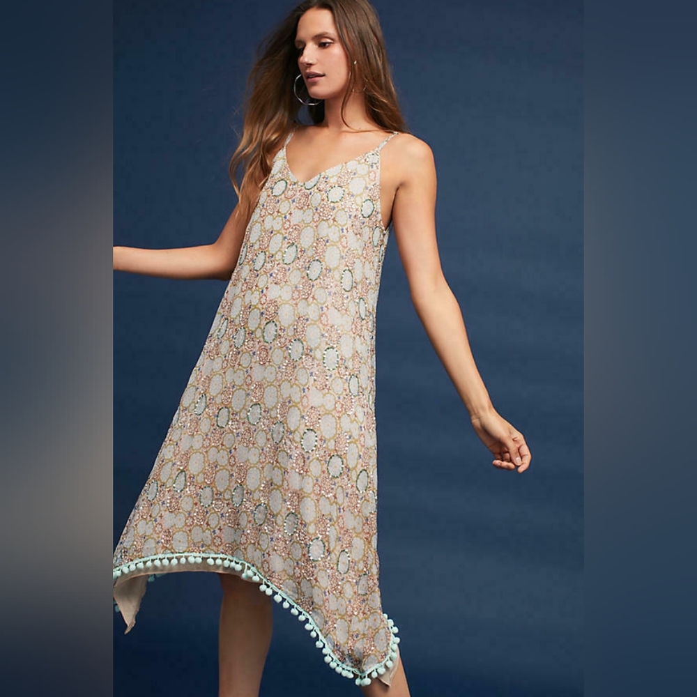 Anthropologie Raga Amalfi Sequin Pom Pom Dress Floral Asymmetrical Hem Boho XS